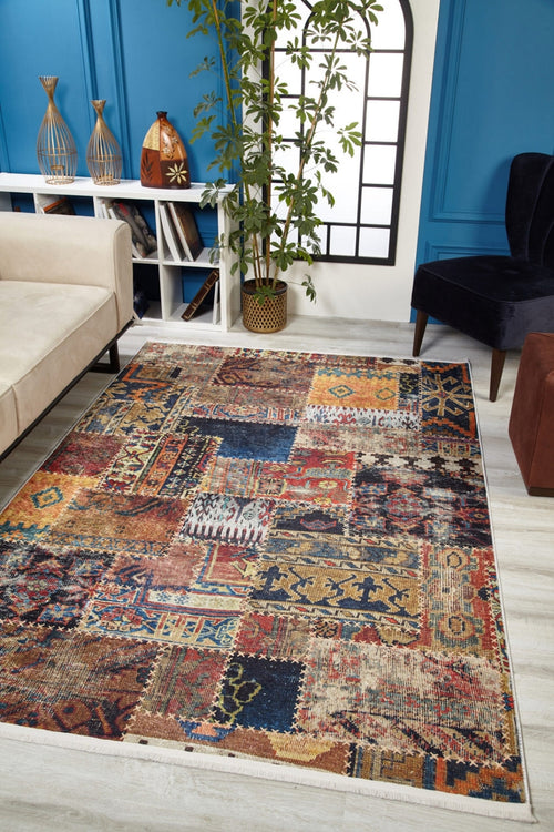 Patchwork Area Rug – Non Slip Brown Digital Print Carpet With Antibacterial Design