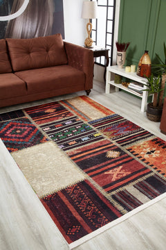 Burgundy Patchwork Rug – Non Slip Area Rug With Antibacterial Digital Print Carpet