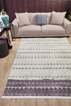 Beige Geometric Area Rug - Digital Print, Non Slip, Antibacterial Carpet for Modern Living Room
