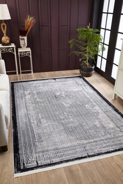 Digital Print Area Rug – Grey Frame Stylish Floor Covering, Non Slip Carpet