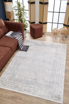 Digital Print Area Rug - Grey Frame Design Stylish Non Slip Carpet for Living Room