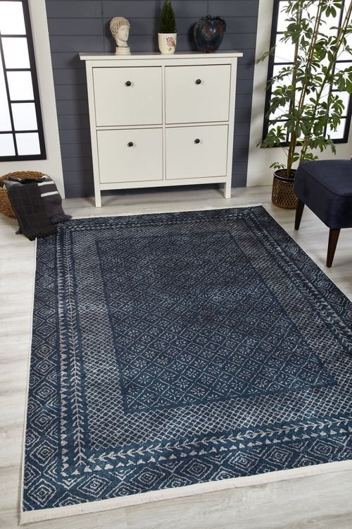 Digital Print Area Rug – Navy Blue Frame Design Carpet | Antibacterial, Non Slip