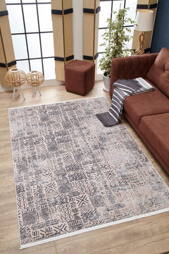 Beige Geometric Area Rug - Digital Print, Non Slip, Washable Carpet for Living Room