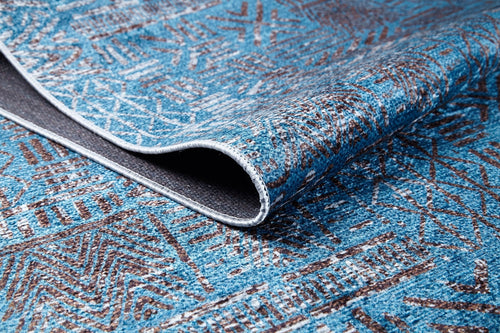 Blue Geometric Area Rug - Digital Print Non Slip Washable Carpet for Living Room