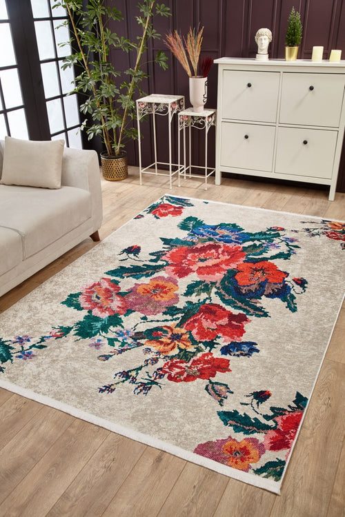 Red Floral Area Rug – Jodhpur Style Digital Print Non Slip Antibacterial Carpet