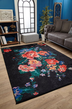 Black Floral Area Rug – Digital Print Rug | Antibacterial, Non Slip, Washable Carpet