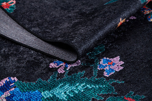Black Floral Area Rug – Digital Print Rug | Antibacterial, Non Slip, Washable Carpet