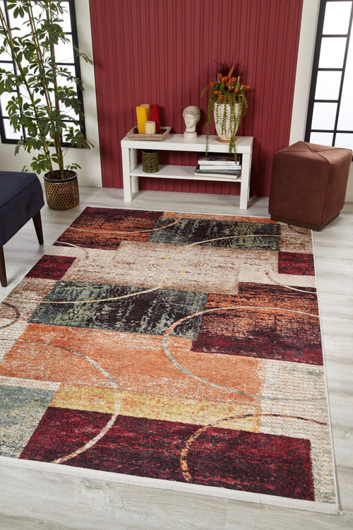 Orange Geometric Rug – Digital Print Area Floor Rug, Non Slip & Antibacterial