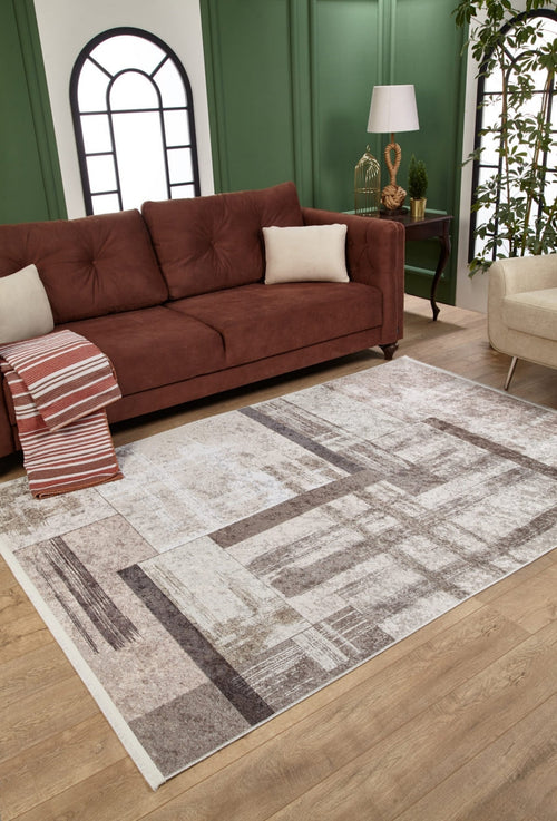 Geometric Area Rug – Cream Digital Print Rug With Non Slip, Antibacterial Design