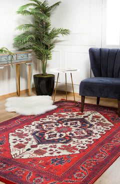 Classic Digital Print Rug - Red Frame Area Rug | Non Slip Washable Carpet