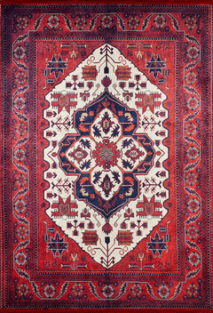 Classic Digital Print Rug - Red Frame Area Rug | Non Slip Washable Carpet