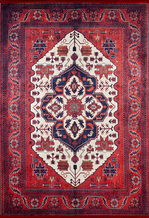 Classic Digital Print Rug - Red Frame Area Rug | Non Slip Washable Carpet