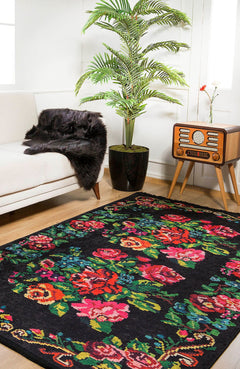 Black Floral Area Rug – Stylish Digital Print Rug | Non Slip & Antibacterial Washable Carpet