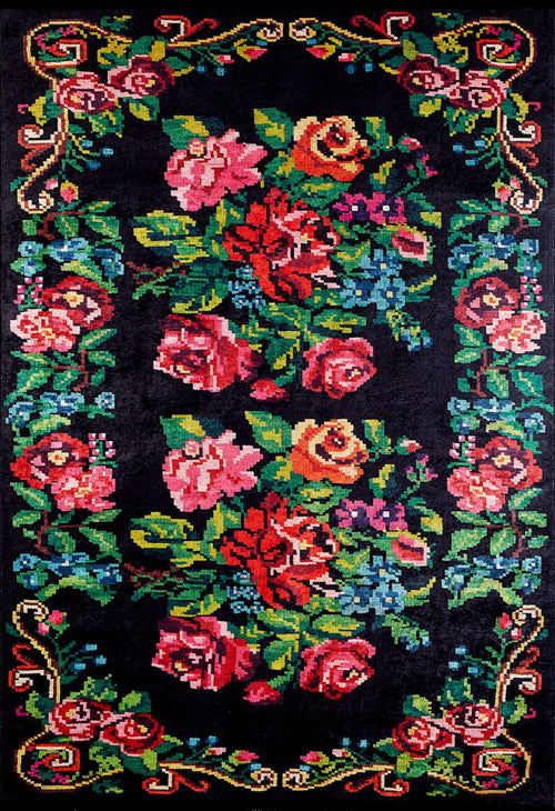 Black Floral Area Rug – Stylish Digital Print Rug | Non Slip & Antibacterial Washable Carpet