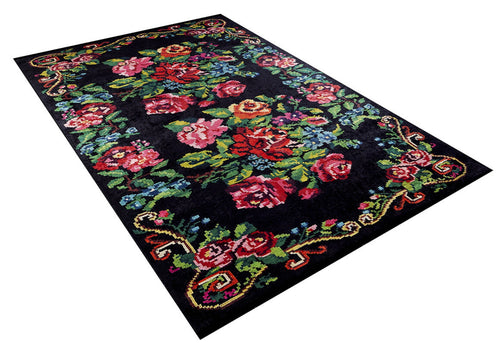 Black Floral Area Rug – Stylish Digital Print Rug | Non Slip & Antibacterial Washable Carpet