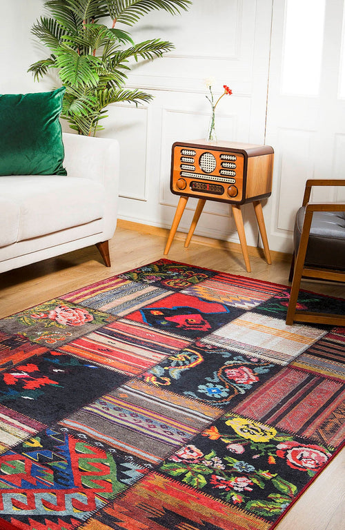 Red Patchwork Area Rug - Digital Print, Non Slip Carpet for Living Room & Kitchen