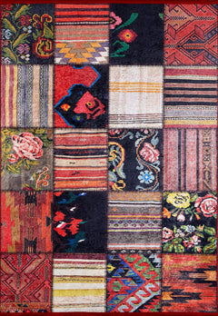 Red Patchwork Area Rug - Digital Print, Non Slip Carpet for Living Room & Kitchen