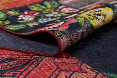 Red Patchwork Area Rug - Digital Print, Non Slip Carpet for Living Room & Kitchen