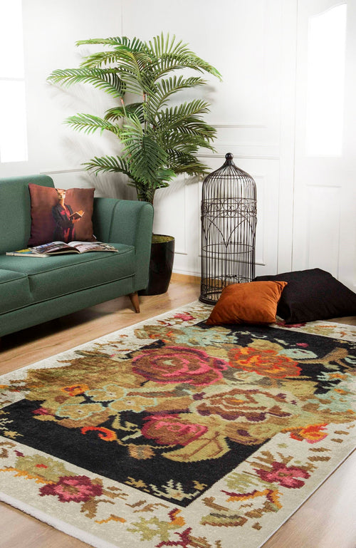 Beige Floral Area Rug – Digital Print Carpet | Non Slip, Antibacterial, Washable Floor Covering