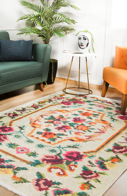 Kungur Beige Floral Digital Print Area Rug