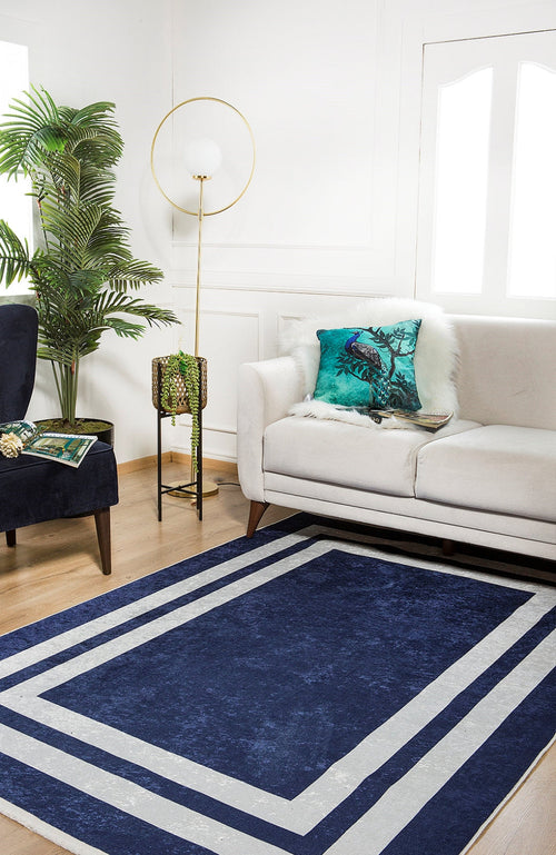 Digital Print Area Rug – Navy Blue Frame Design, Antibacterial & Non Slip Carpet