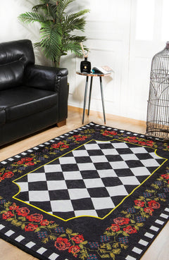 Black Floral Area Rug - Digital Print Rug | Non Slip, Washable, Antibacterial Carpet