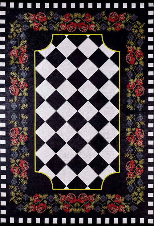 Black Floral Area Rug - Digital Print Rug | Non Slip, Washable, Antibacterial Carpet