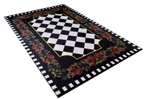 Black Floral Area Rug - Digital Print Rug | Non Slip, Washable, Antibacterial Carpet