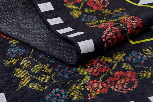 Black Floral Area Rug - Digital Print Rug | Non Slip, Washable, Antibacterial Carpet