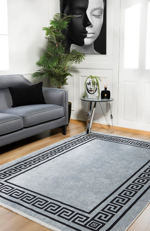 Digital Print Area Rug – Grey Frame Rug, Non Slip, Antibacterial Carpet 7mm Pile
