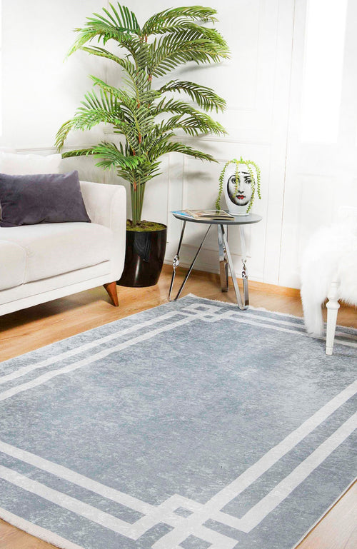 Digital Print Area Rug – Grey Frame Design Non Slip Washable Antibacterial Carpet