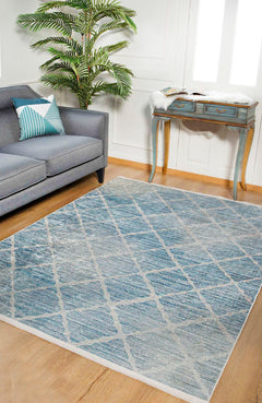Blue Geometric Area Rug - Digital Print, Non Slip, Washable Modern Floor Covering