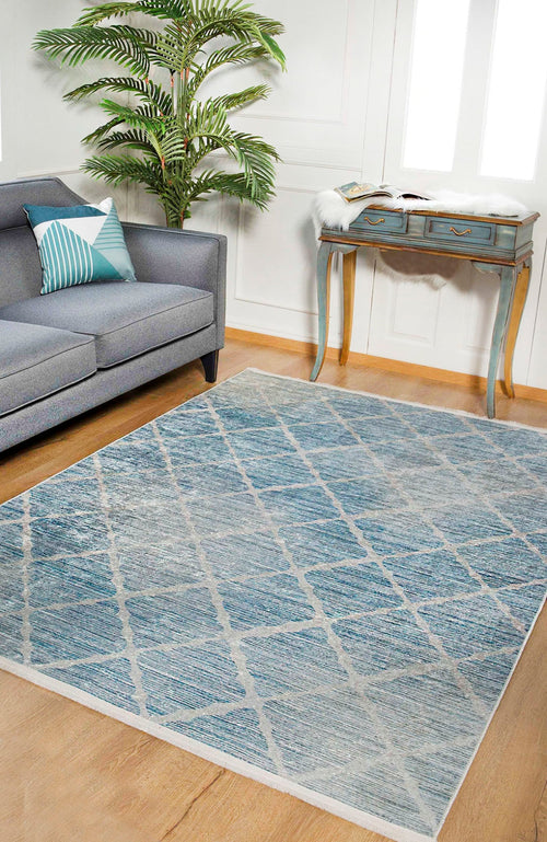 Blue Geometric Area Rug - Digital Print, Non Slip, Washable Modern Floor Covering