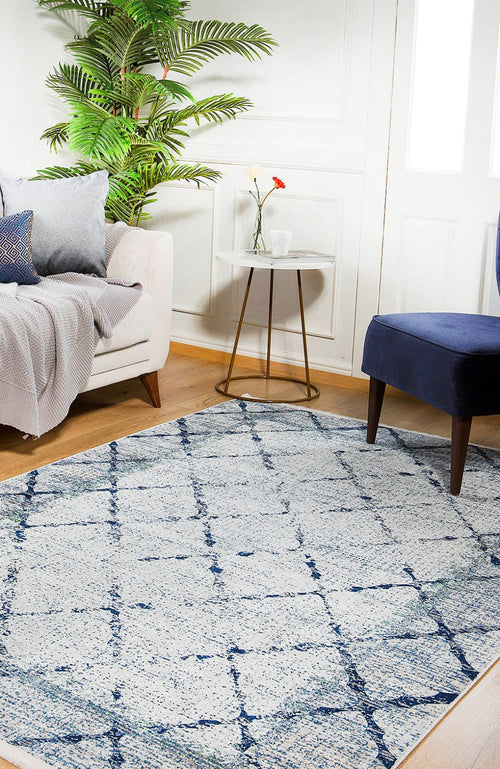 Navy Geometric Area Rug - Digital Print Non Slip Washable Carpet for Living Room