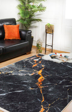 Black Marble Area Rug – Digital Print Non Slip Carpet for Living Room