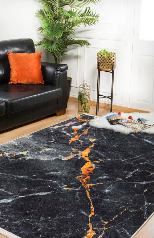 Black Marble Area Rug – Digital Print Non Slip Carpet for Living Room