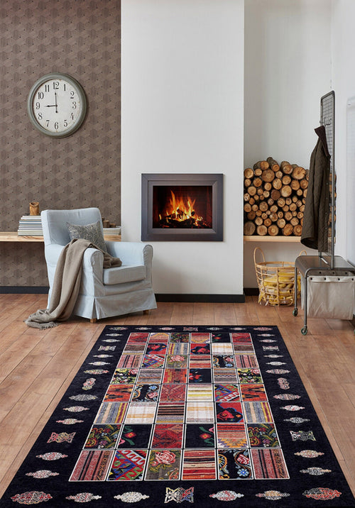 Black Patchwork Area Rug - Digital Print Rug | Non Slip, Antibacterial Carpet