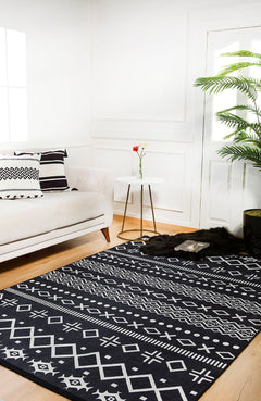 Black Geometric Area Rug - Digital Print Carpet | Non Slip, Antibacterial, Washable