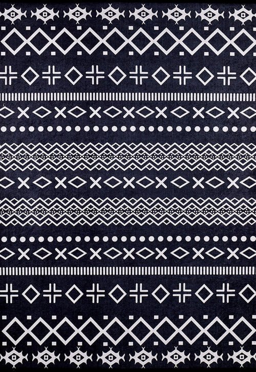 Black Geometric Area Rug - Digital Print Carpet | Non Slip, Antibacterial, Washable