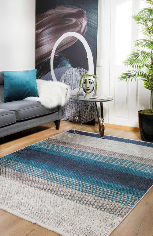Blue Striped Area Rug – Digital Print Rug | Non Slip, Antibacterial Carpet