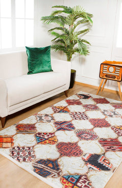 Beige Patchwork Area Rug – Digital Print, Non Slip, Antibacterial Carpet