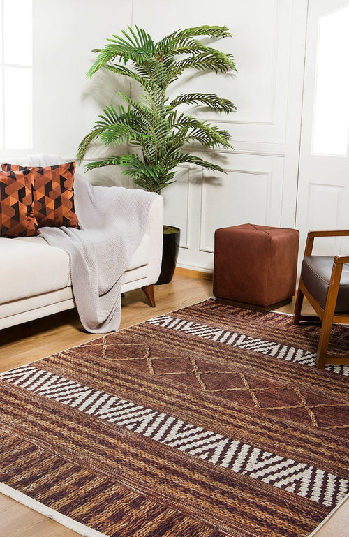 Brown Striped Area Rug - Digital Print Rug | Non Slip, Antibacterial Carpet