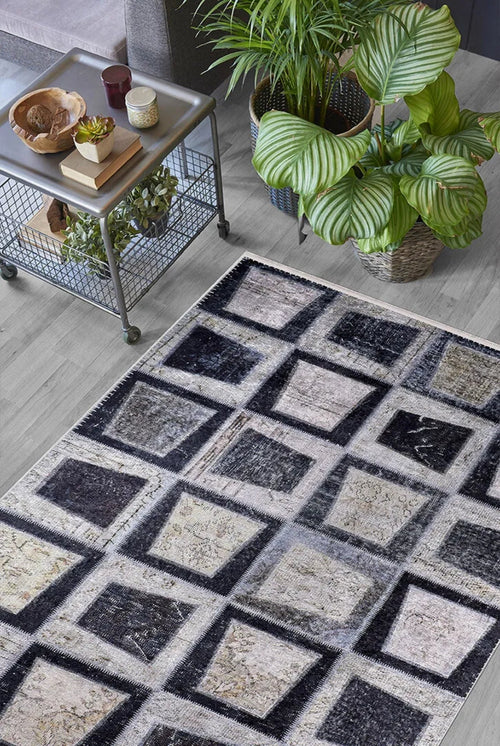Patchwork Area Rug – Digital Print Rug with Anthracite Carpet Design, Non Slip