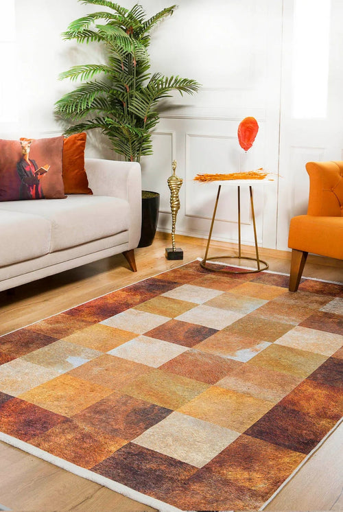 Orange Patchwork Rug - Digital Print Area Rug | Non Slip, Antibacterial Carpet