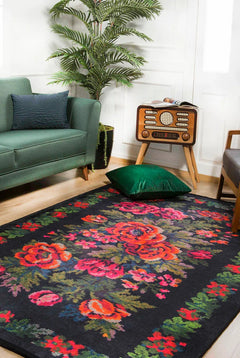 Black Floral Area Rug - Digital Print Rug | Non Slip, Antibacterial Carpet