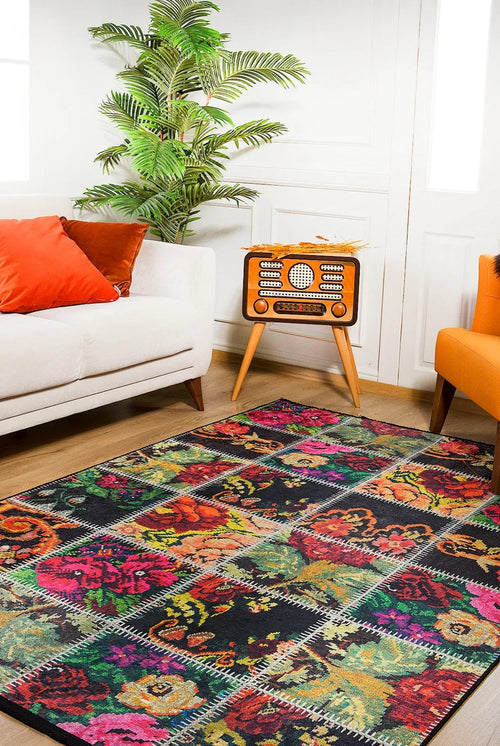 Patchwork Area Rug - Black Digital Print Carpet | Non Slip Washable Floor Mat