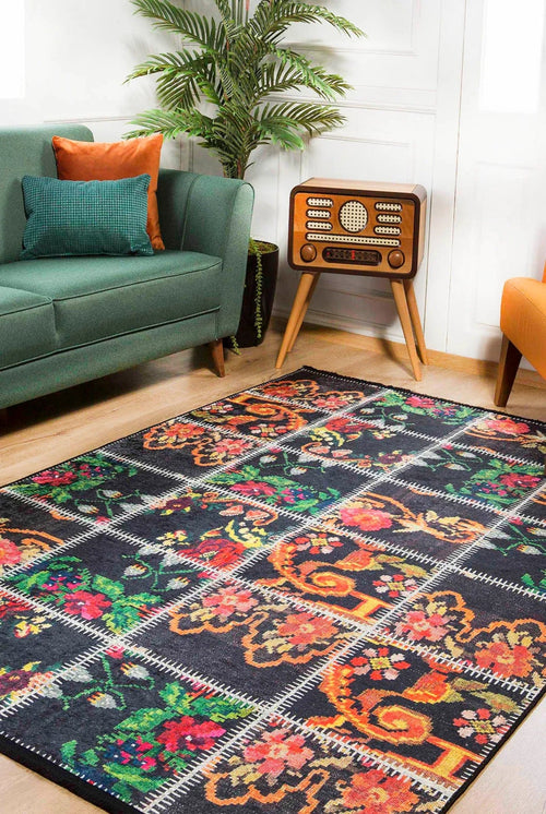 Black Patchwork Area Rug - Digital Print Rug, Non Slip Carpet for Living Room