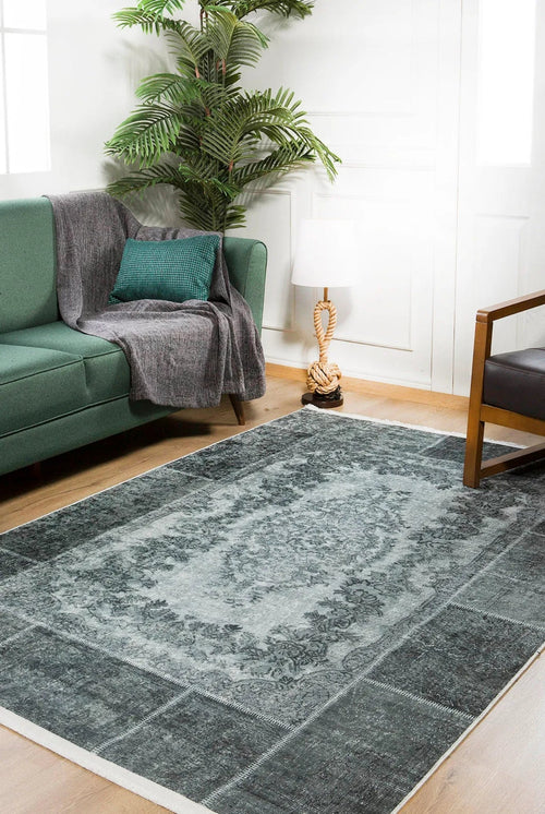 Grey Patchwork Area Rug - Non Slip Carpet With Digital Print For Living Room