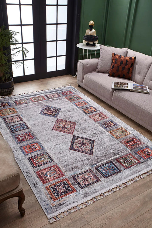Grey Geometric Area Rug – Digital Print Non Slip Washable Carpet for Living Room