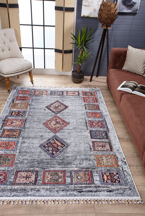 Grey Geometric Area Rug – Digital Print Non Slip Carpet for Living Room